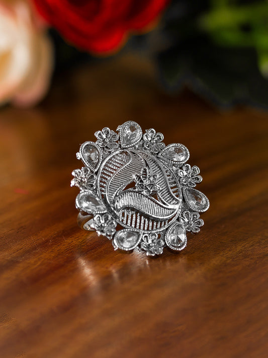 Aadita Contemporary Crystal Textured Oxidized Ring