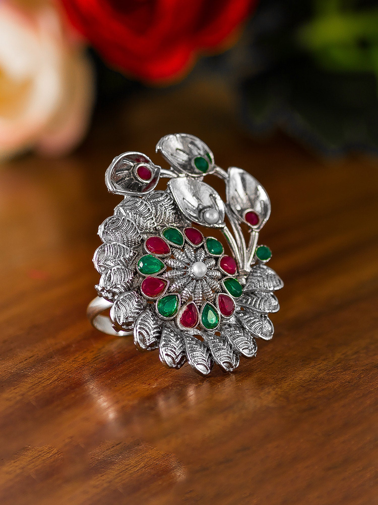 Aadita Swirling Petal Floral Oxidized Ring