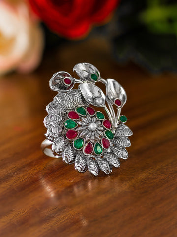 Aadita Swirling Petal Floral Oxidized Ring
