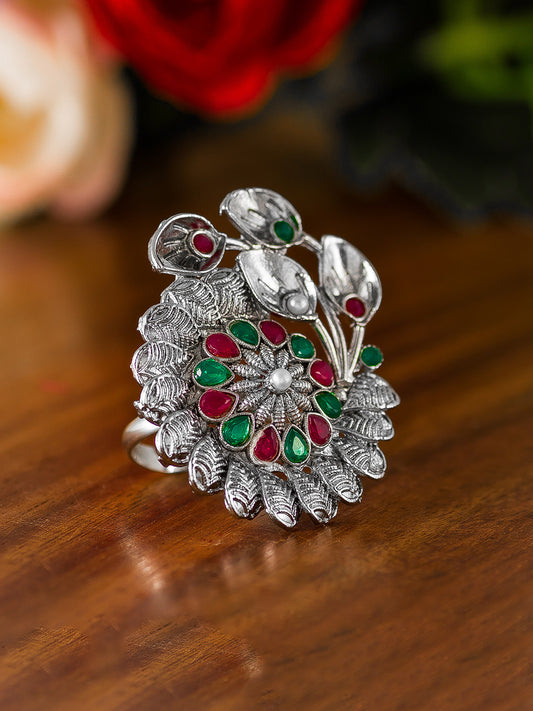 Aadita Swirling Petal Floral Oxidized Ring