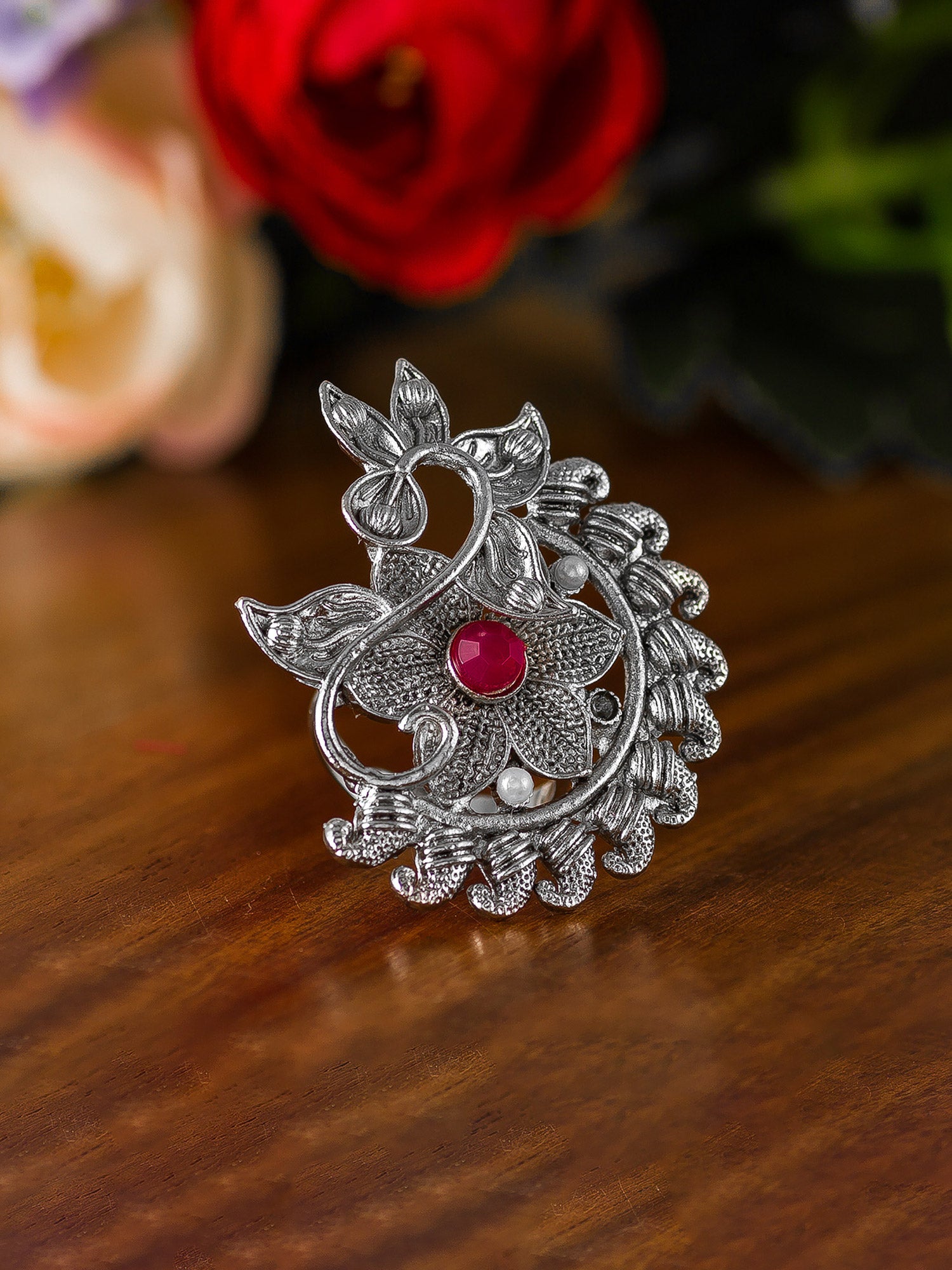 Aadita Elegant Vine and Pearl Oxidized Ring