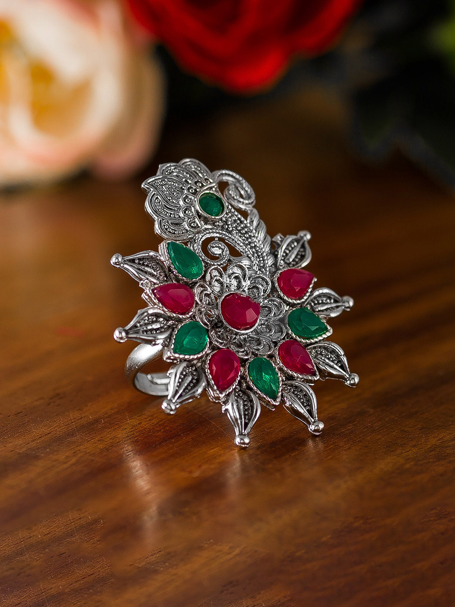 Aadita Peacock Plume Fancy Oxidized Ring