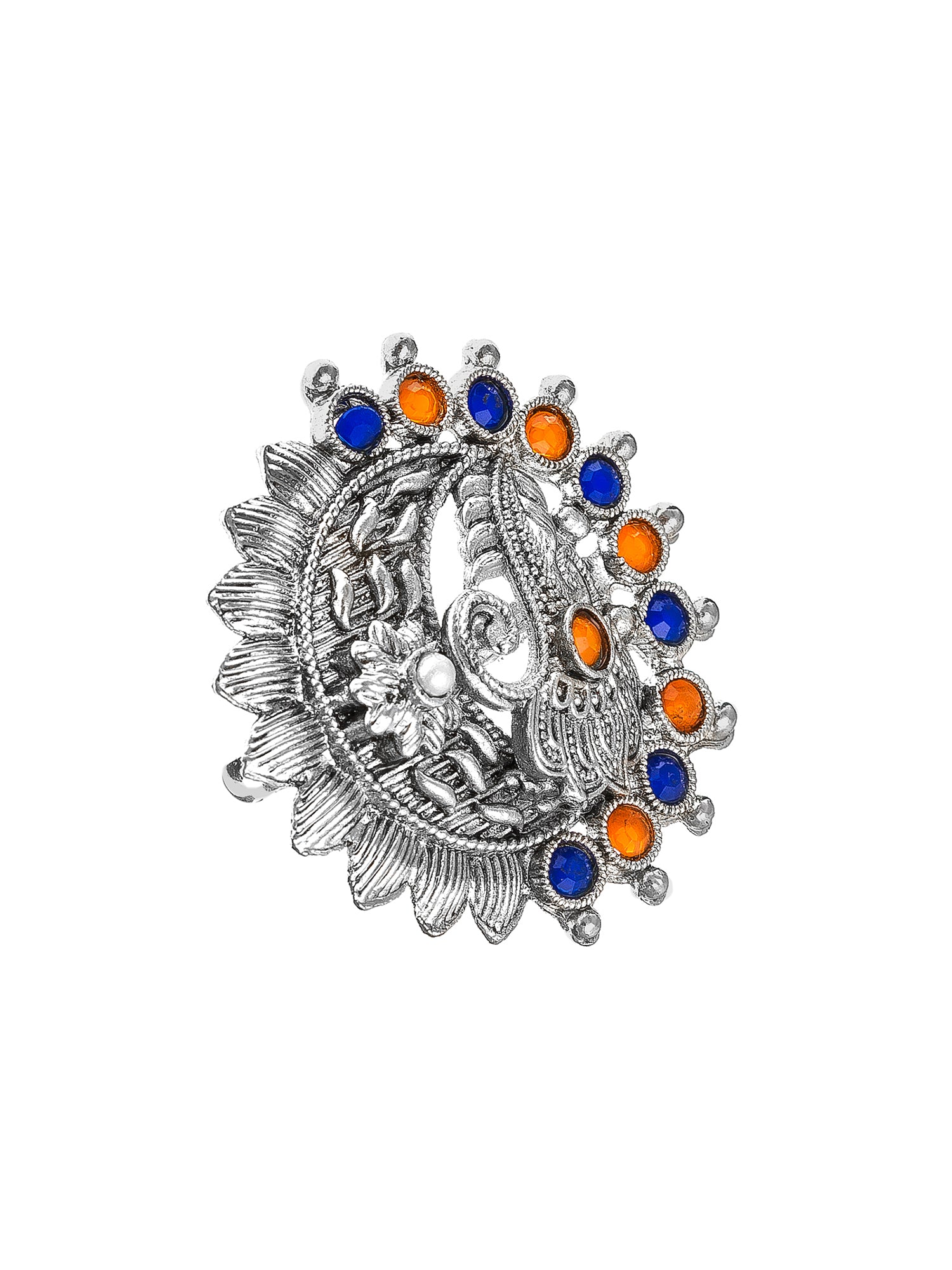 Aadita Oxidized Silver Peacock Motif Ring with Blue and Orange Accents