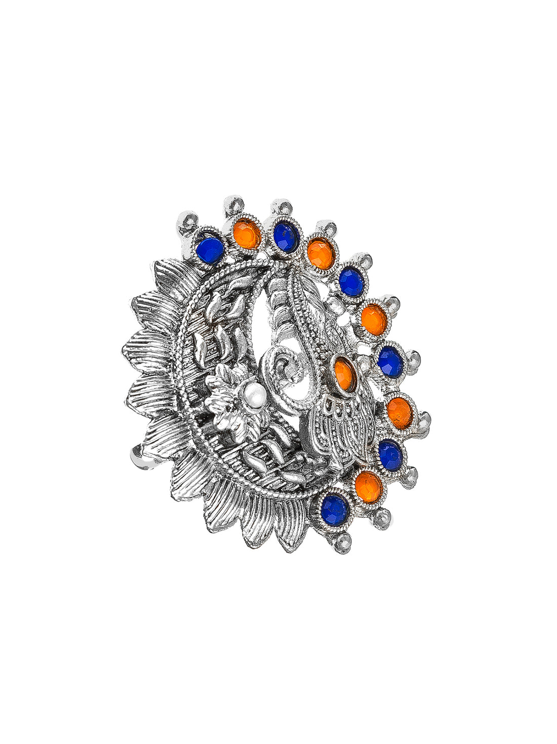 Aadita Oxidized Silver Peacock Motif Ring with Blue and Orange Accents