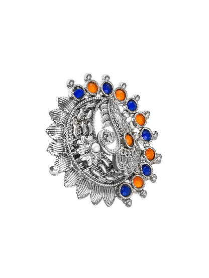 Aadita Oxidized Silver Peacock Motif Ring with Blue and Orange Accents