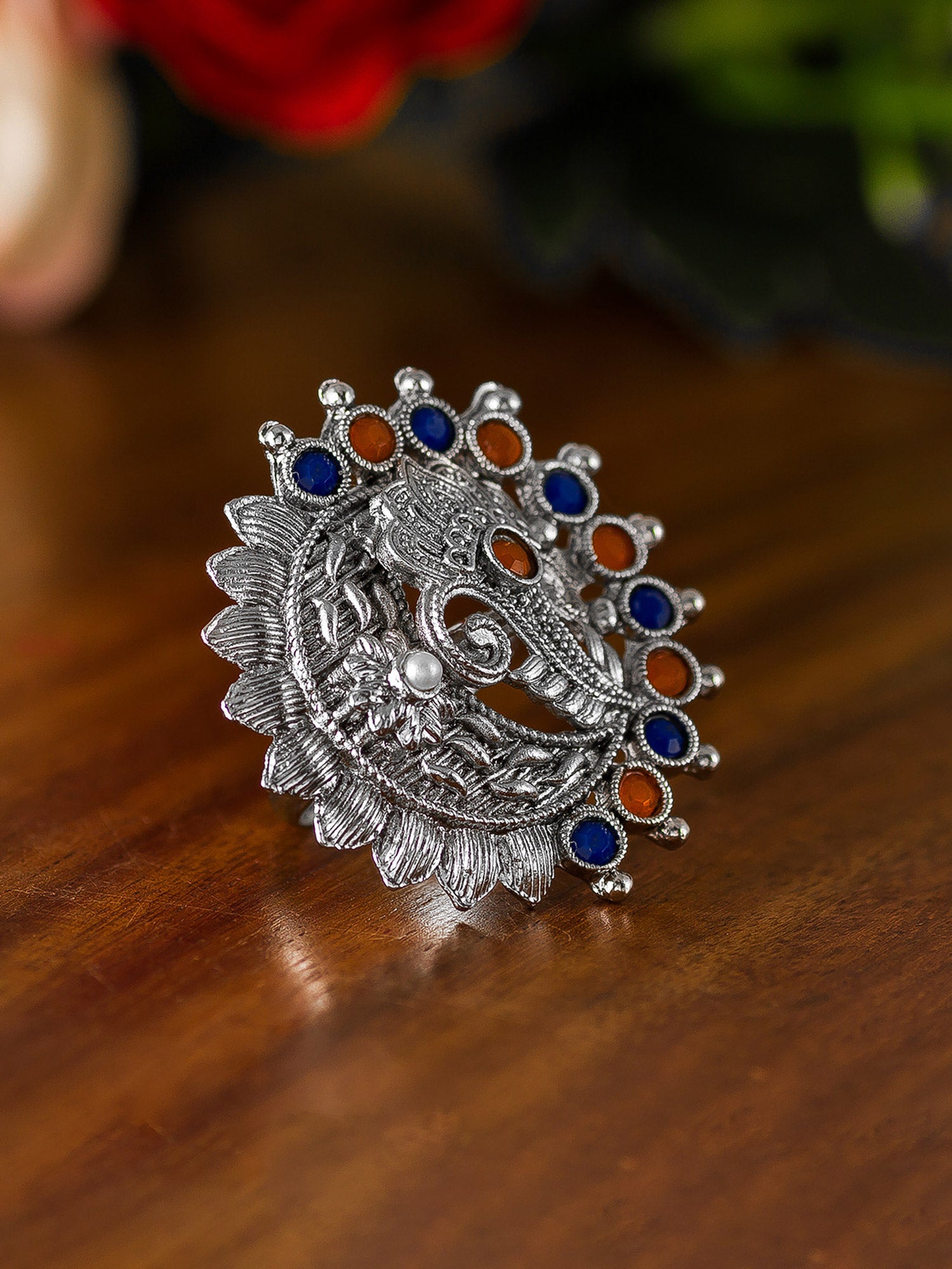 Aadita Oxidized Silver Peacock Motif Ring with Blue and Orange Accents