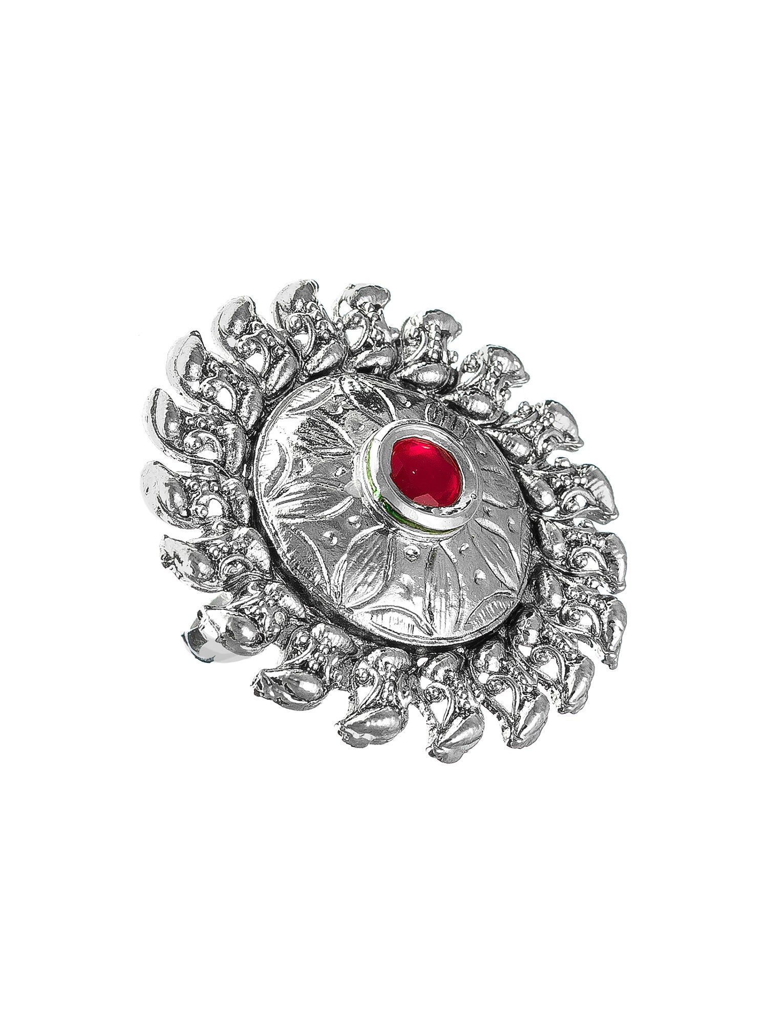 Aadita Traditional Oxidized Circular Ring with Central Red Stone