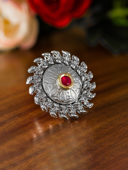 Aadita Traditional Oxidized Circular Ring with Central Red Stone