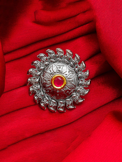 Aadita Traditional Oxidized Circular Ring with Central Red Stone