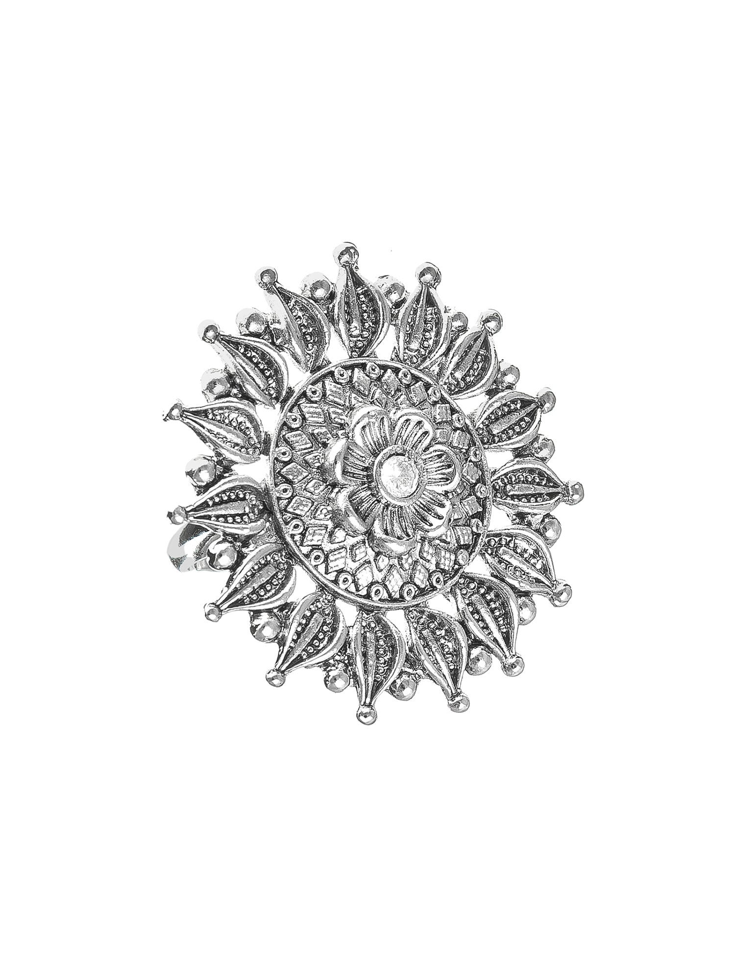 Aadita Oxidized Silver Sunburst Floral Ring