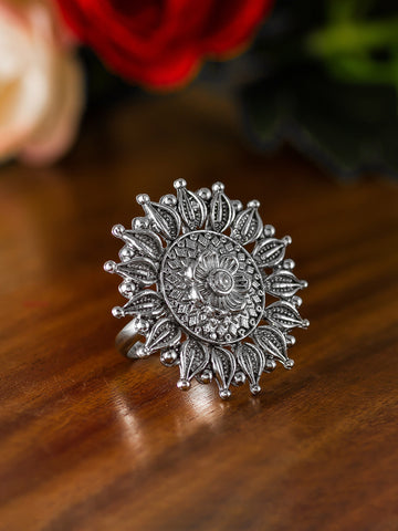 Aadita Oxidized Silver Sunburst Floral Ring