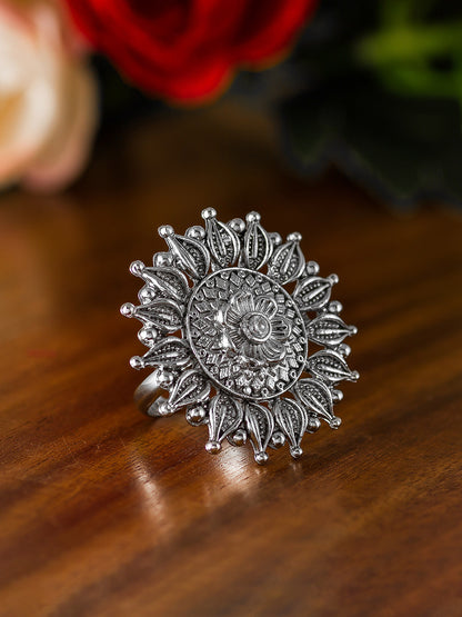 Aadita Oxidized Silver Sunburst Floral Ring