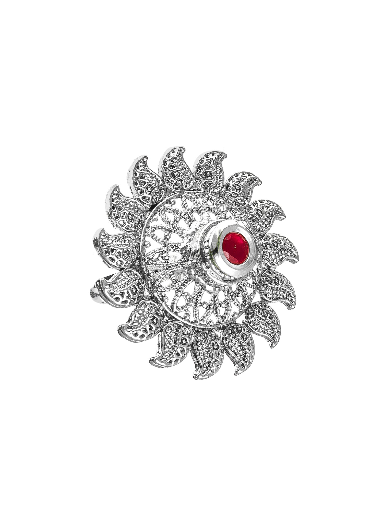 Aadita Filigree Oxidized Chakra Ring with Red Stone Highlight