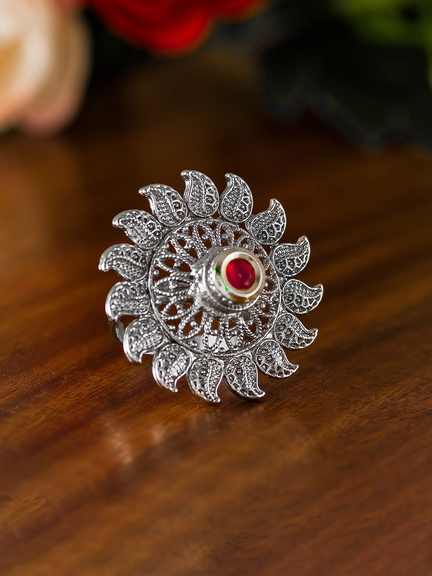 Aadita Filigree Oxidized Chakra Ring with Red Stone Highlight