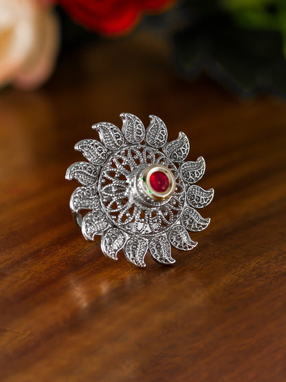 Aadita Filigree Oxidized Chakra Ring with Red Stone Highlight