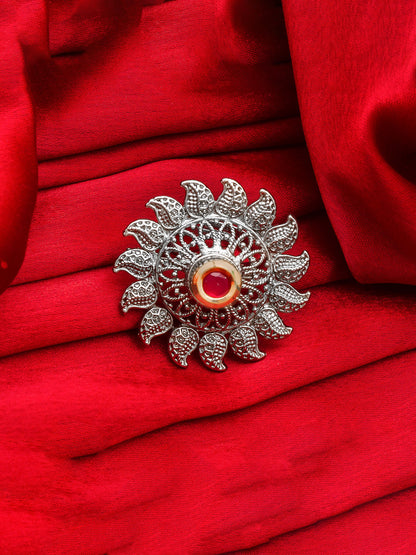 Aadita Filigree Oxidized Chakra Ring with Red Stone Highlight