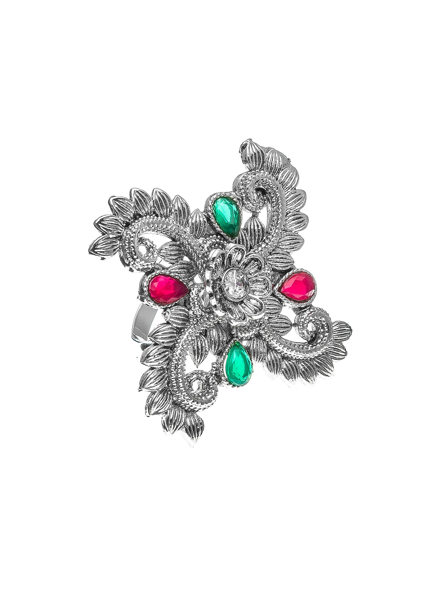 Aadita Oxidized Floral Cross Ring with Red and Green Stones