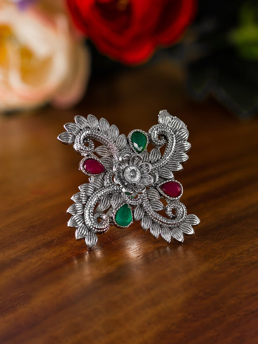 Aadita Oxidized Floral Cross Ring with Red and Green Stones