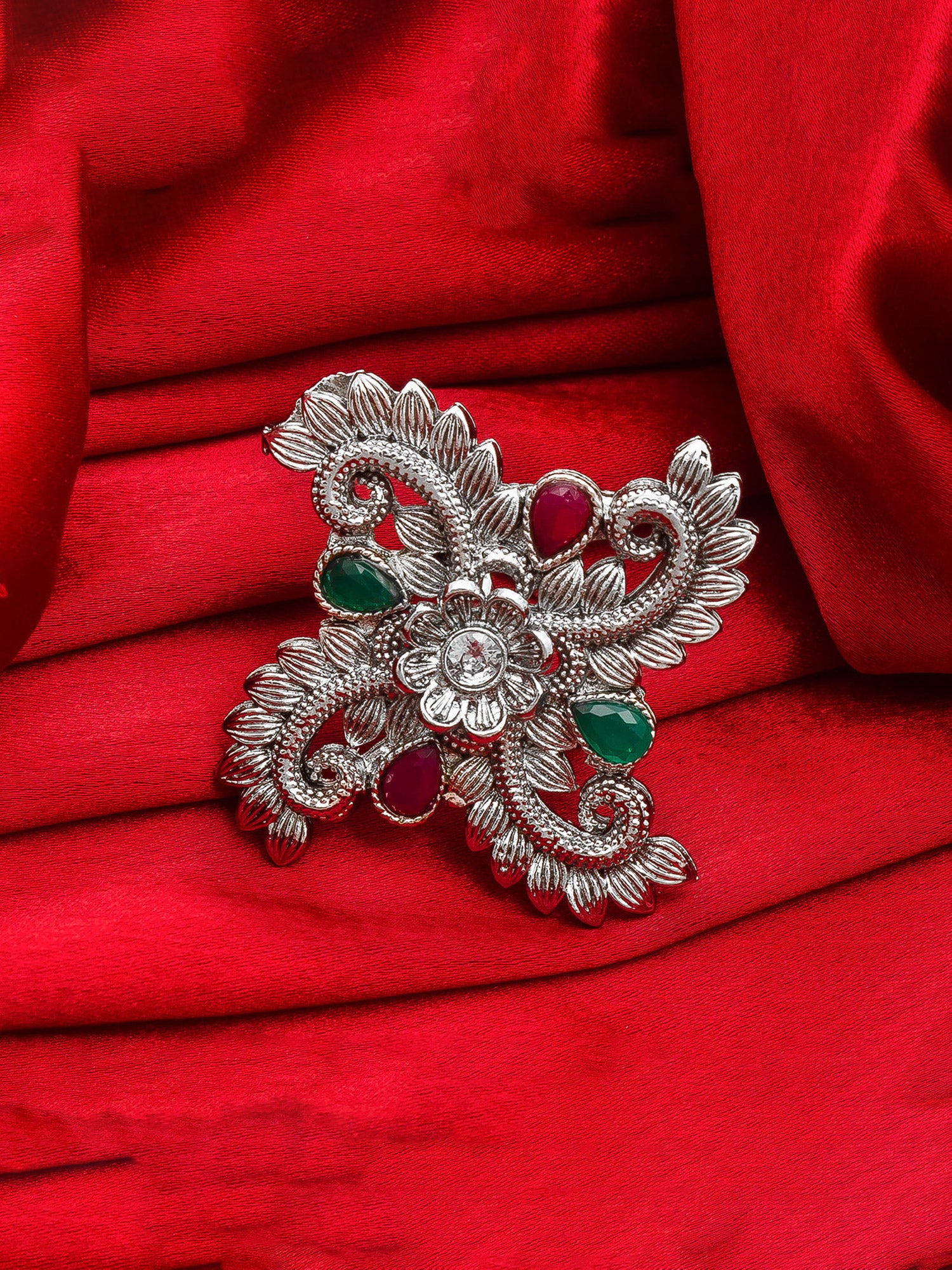 Aadita Oxidized Floral Cross Ring with Red and Green Stones