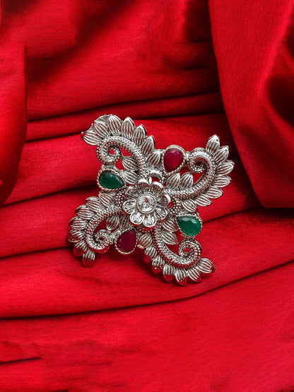 Aadita Oxidized Floral Cross Ring with Red and Green Stones