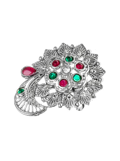 Aadita Ethnic Oxidized Paisley and Floral Ring with Multi-Color Stones