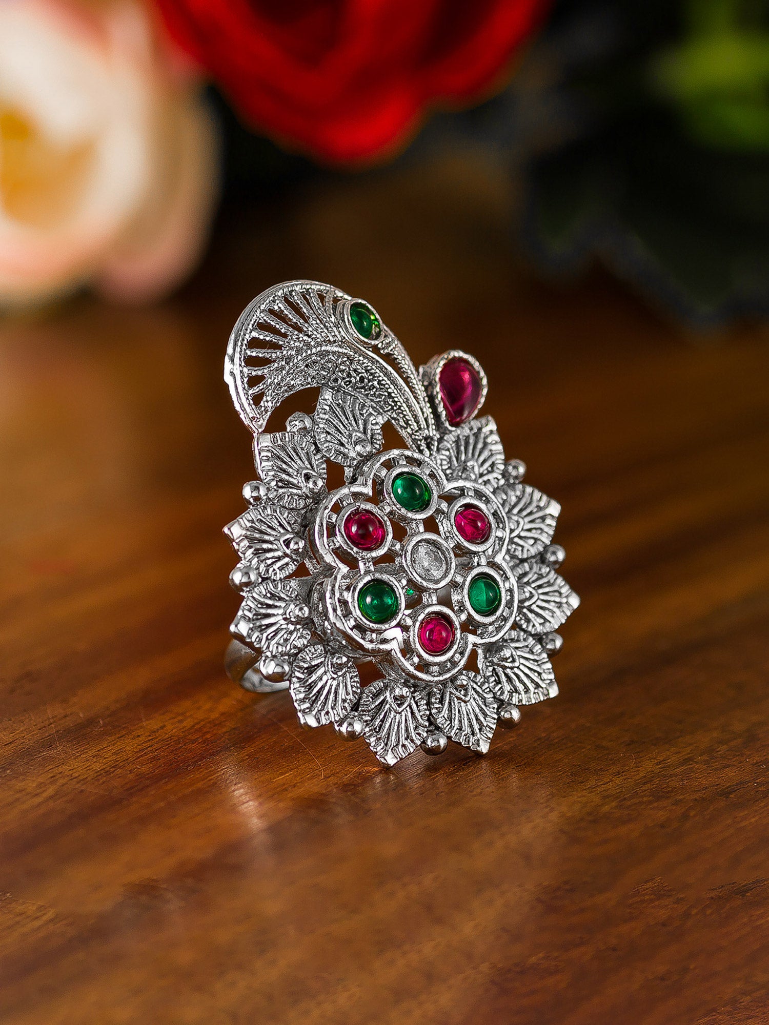 Aadita Ethnic Oxidized Paisley and Floral Ring with Multi-Color Stones