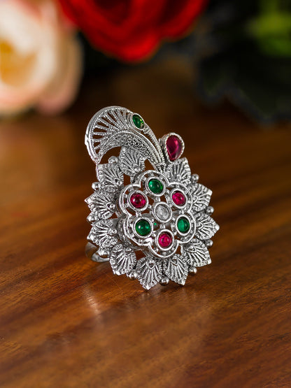 Aadita Ethnic Oxidized Paisley and Floral Ring with Multi-Color Stones