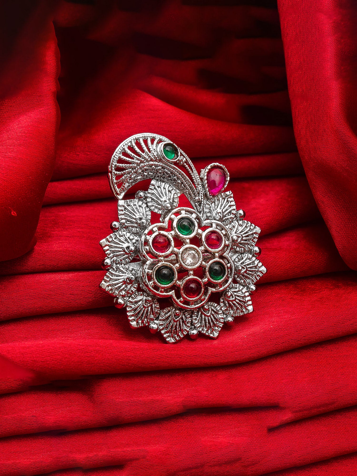 Aadita Ethnic Oxidized Paisley and Floral Ring with Multi-Color Stones