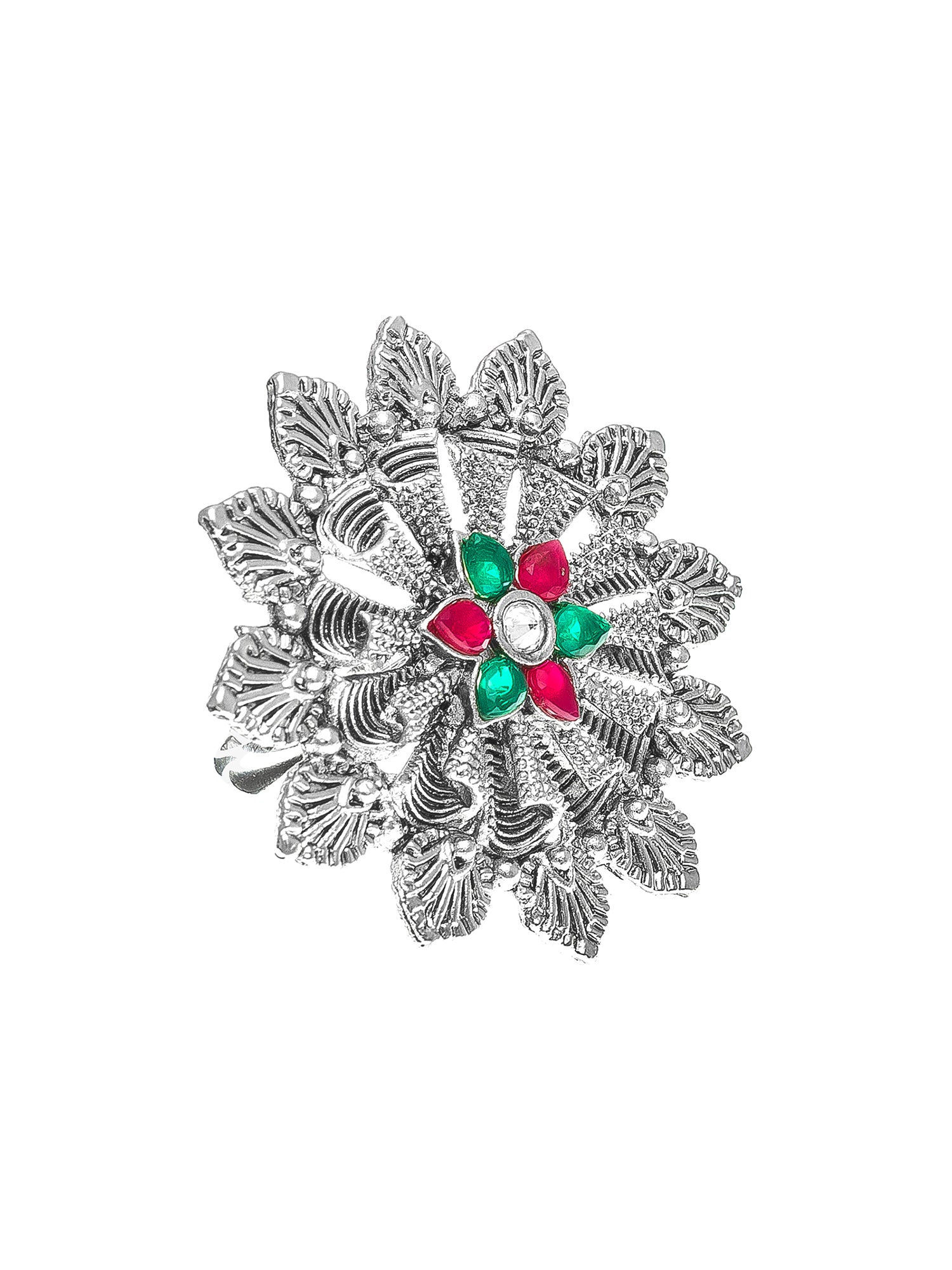 Aadita Oxidized Silver Blooming Flower Ring with Ruby and Emerald Accents