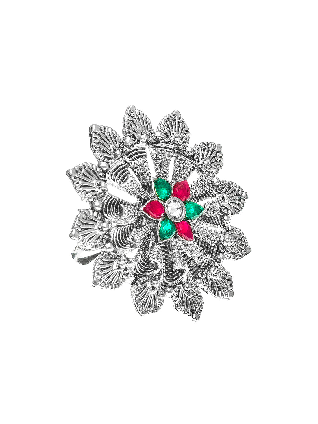 Aadita Oxidized Silver Blooming Flower Ring with Ruby and Emerald Accents