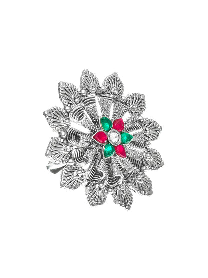 Aadita Oxidized Silver Blooming Flower Ring with Ruby and Emerald Accents