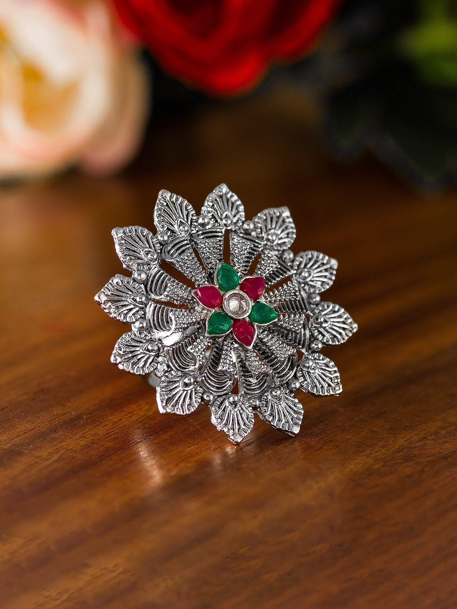 Aadita Oxidized Silver Blooming Flower Ring with Ruby and Emerald Accents
