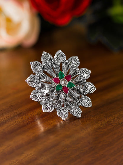 Aadita Oxidized Silver Blooming Flower Ring with Ruby and Emerald Accents
