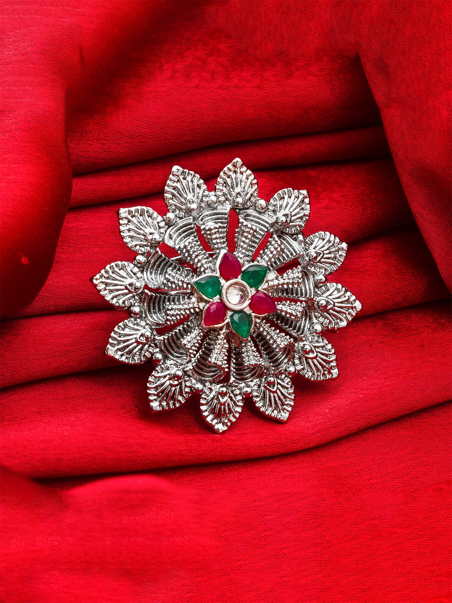 Aadita Oxidized Silver Blooming Flower Ring with Ruby and Emerald Accents