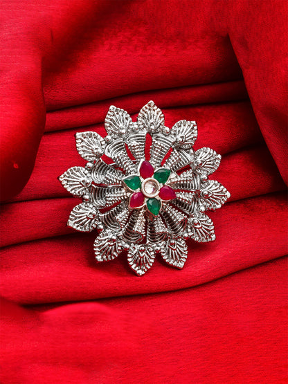 Aadita Oxidized Silver Blooming Flower Ring with Ruby and Emerald Accents