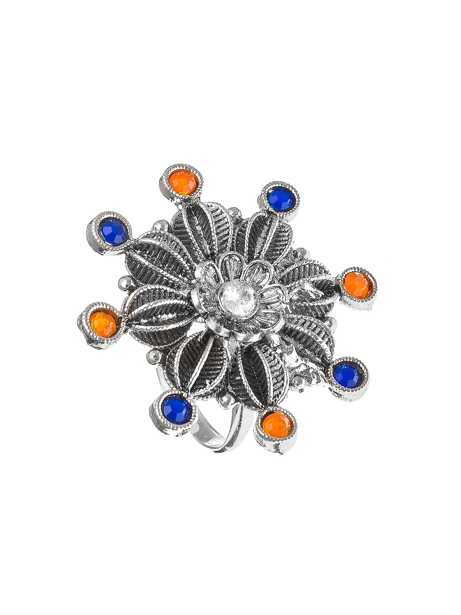 Aadita Oxidized Starburst Ring with Blue and Orange Crystals