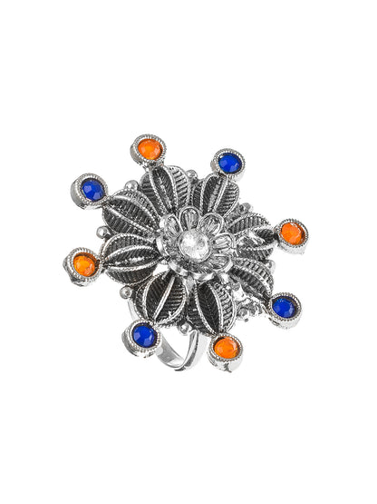Aadita Oxidized Starburst Ring with Blue and Orange Crystals
