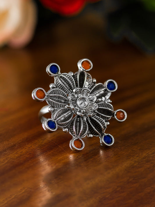 Aadita Oxidized Starburst Ring with Blue and Orange Crystals