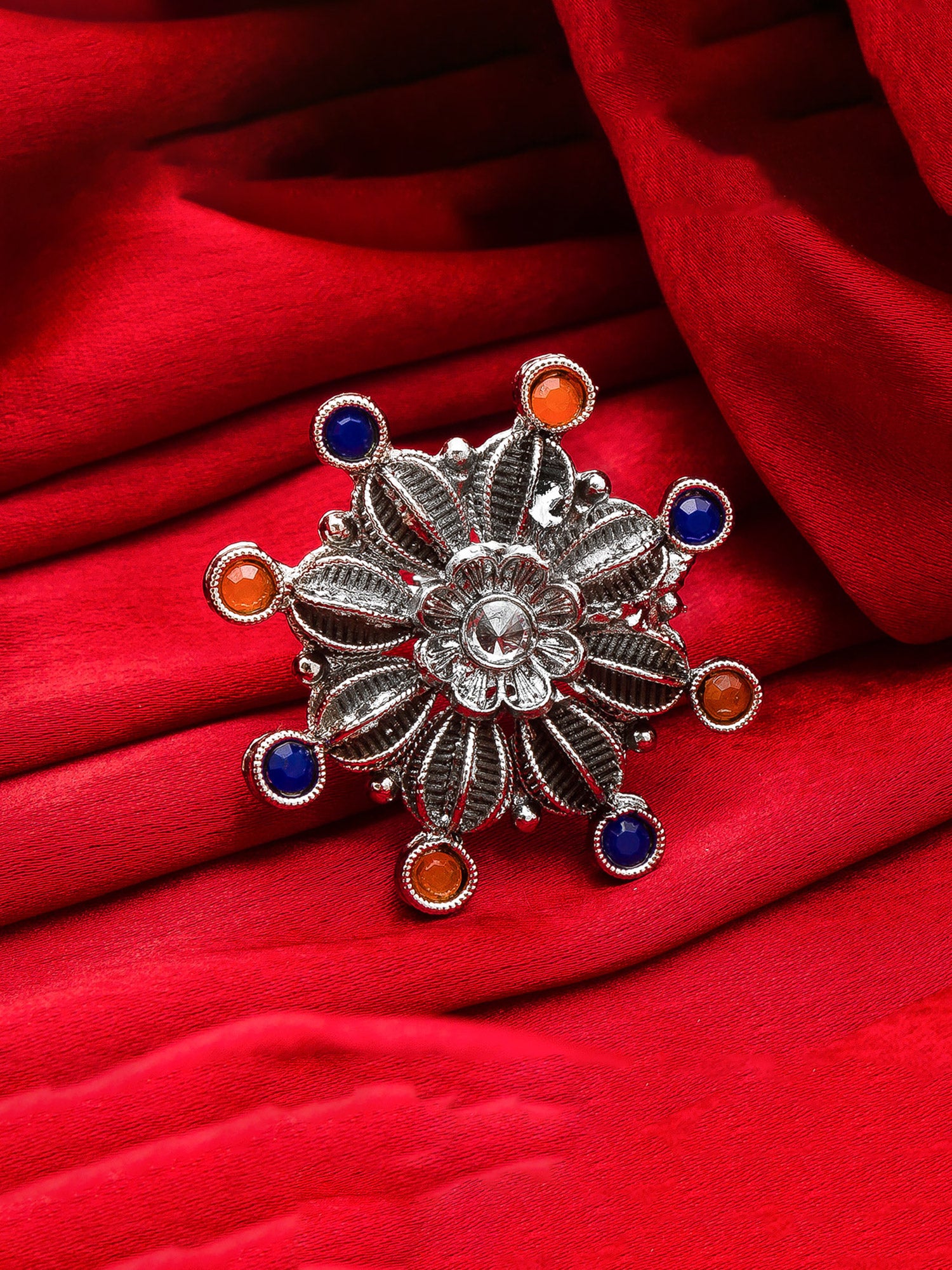 Aadita Oxidized Starburst Ring with Blue and Orange Crystals