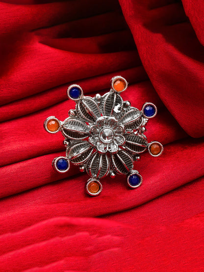 Aadita Oxidized Starburst Ring with Blue and Orange Crystals