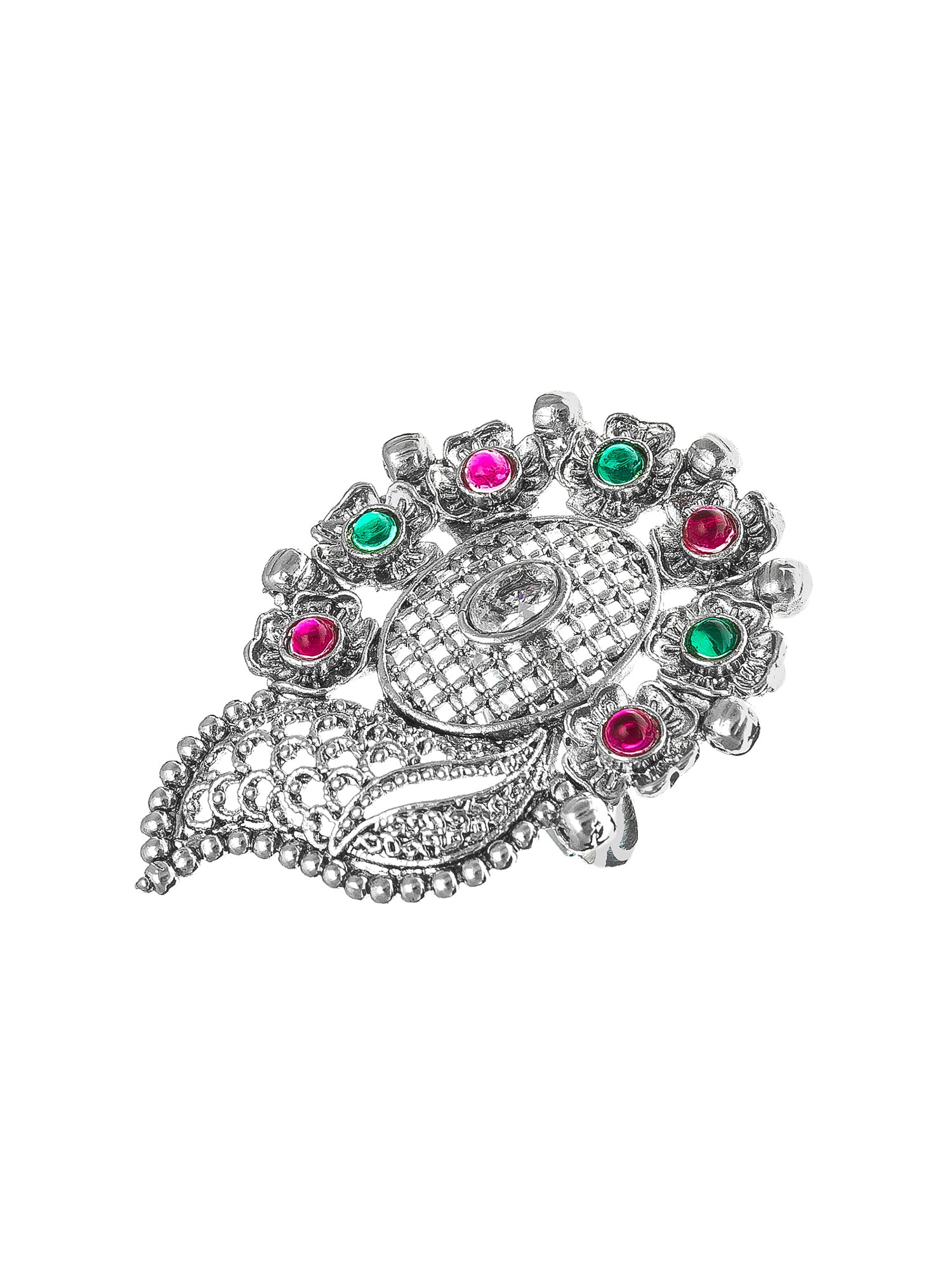 Aadita Designer Oxidized Mango Motif Ring with Pink and Green Stones