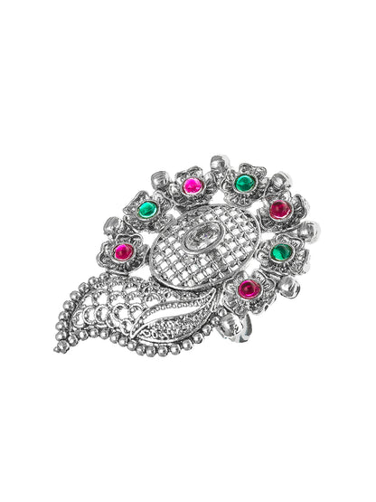 Aadita Designer Oxidized Mango Motif Ring with Pink and Green Stones