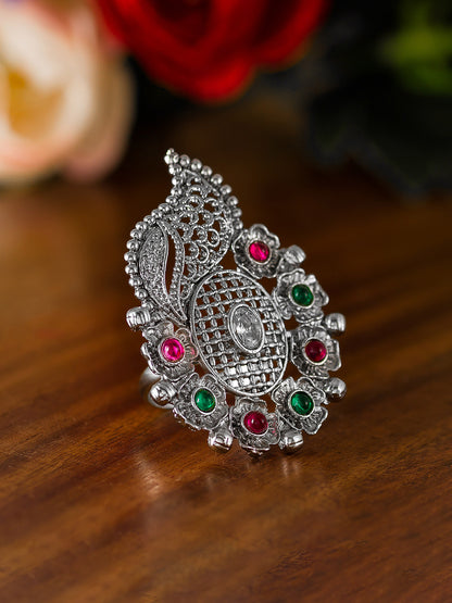 Aadita Designer Oxidized Mango Motif Ring with Pink and Green Stones