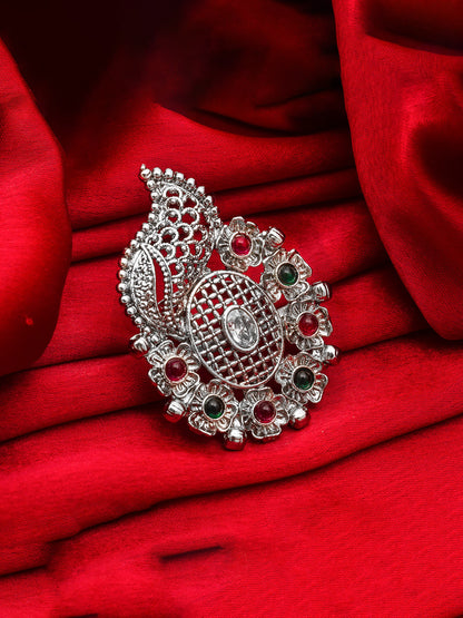 Aadita Designer Oxidized Mango Motif Ring with Pink and Green Stones