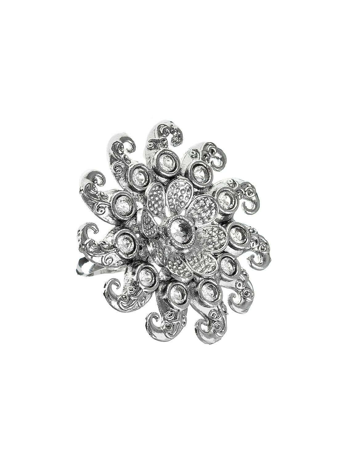 Aadita Oxidized Swirling Floral Ring with White Crystal Embellishments
