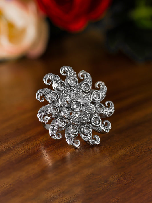 Aadita Oxidized Swirling Floral Ring with White Crystal Embellishments