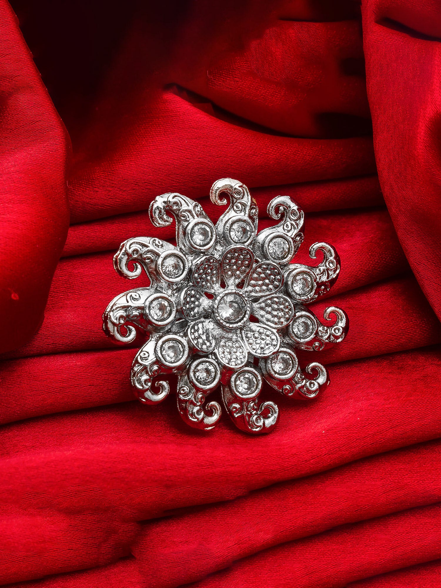 Aadita Oxidized Swirling Floral Ring with White Crystal Embellishments