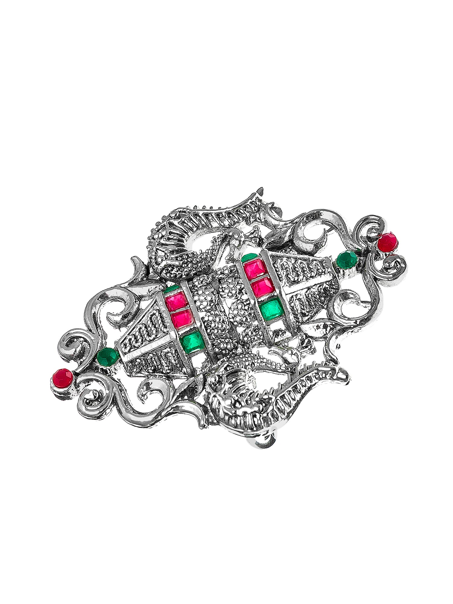 Aadita Oxidized Trisul Motif Statement Ring with Red and Green Stones