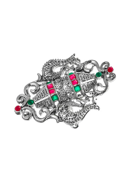Aadita Oxidized Trisul Motif Statement Ring with Red and Green Stones