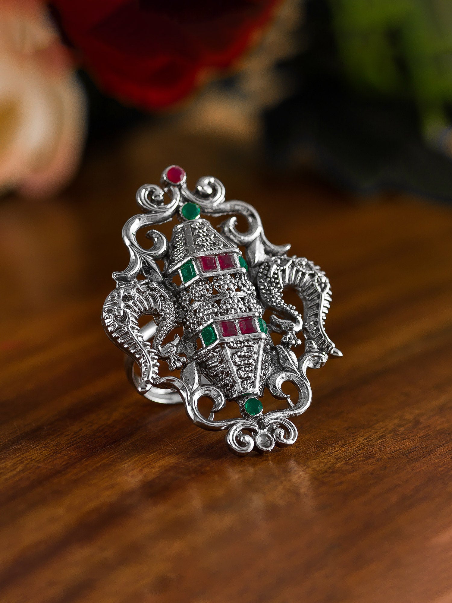 Aadita Oxidized Trisul Motif Statement Ring with Red and Green Stones